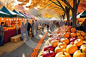 Color-Drenched Autumn Festival Under Golden Evening Light, Rows of Warmly Lit Booths Lining the Edge