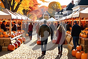 Color-Drenched Autumn Festival Under Golden Evening Light, Rows of Warmly Lit Booths Lining the Edge