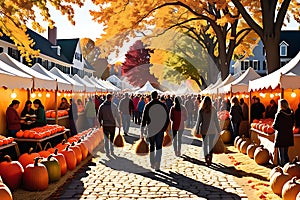 Color-Drenched Autumn Festival Under Golden Evening Light, Rows of Warmly Lit Booths Lining the Edge