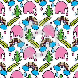 Color elephant with leaves and rainbow cloud background