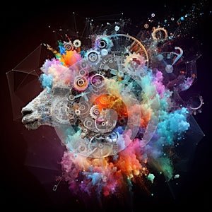 a color explosion of paint render an alpaca steampunk geared poly and gears creation abstract scupture