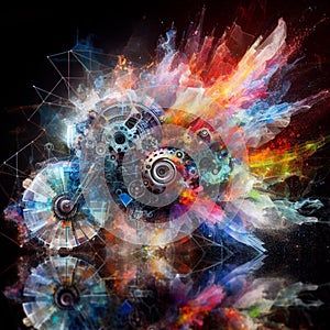 a color explosion of paint render a steampunk geared poly and gears creation abstract scupture