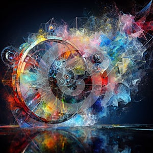 a color explosion of paint render a steampunk geared poly and gears creation abstract scupture