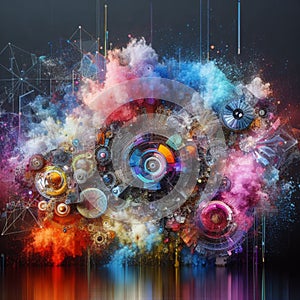 a color explosion of paint render a steampunk geared poly and gears creation abstract scupture