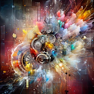 a color explosion of paint render a steampunk geared poly and gears creation abstract scupture