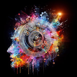 a color explosion of paint render a steampunk geared poly peace symbol creation abstract scupture