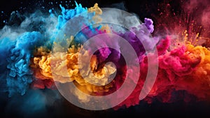 Color explosion of smoke and Holi powder isolated on black horizontal background splash of colors abstract rainbow