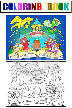 Color fairy open book tale concept kids illustration with evil dragon, brave warrior and magic castle. Coloring, black