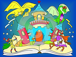 Color fairy open book tale concept kids illustration with evil dragon, brave warrior and magic castle.