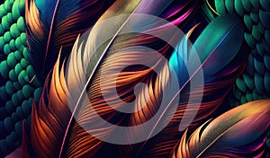 Color Feathers Background, Colored Plumage, Pheasant Wings Texture, Generative Ai Illustration