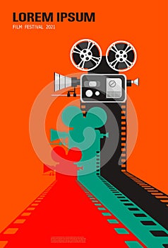 Color filmstrips on the way with silhouette of vintage camera. Cinema background. Film poster template for cinema festival. Retro