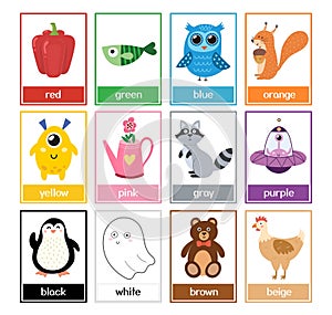 Color flashcards collection with cute animals. Color names and pictures set for preschool