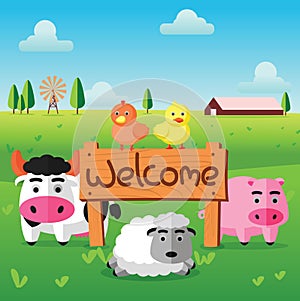 Color flat farm of cows pig hen duck and sheep stand in green field with welcome wooden board