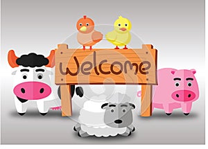 Color flat farm of cows pig hen duck and sheep stand in green field with welcome wooden board.suitable for animal,agriculture,farm