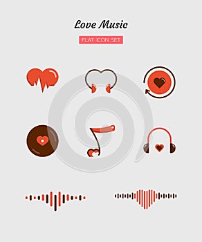 Color flat icon symbol set, music love, heart wave, sound, Isolated vector design