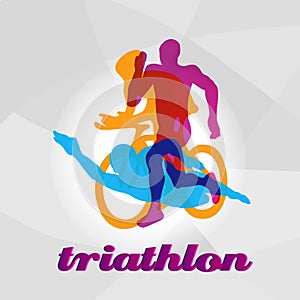 Color flat logo triathlon. Vector figures triathletes