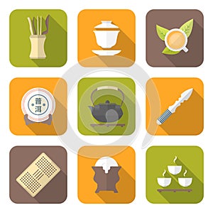 Color flat style chinese tea ceremony equipment icons set