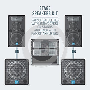 Color flat style loudspeakers on subwoofer and amplifiers illustration photo