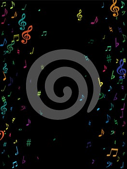 Color flying musical notes isolated background.