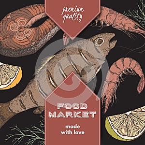 Color food market label with grilled fish, fish steak and shrimps.