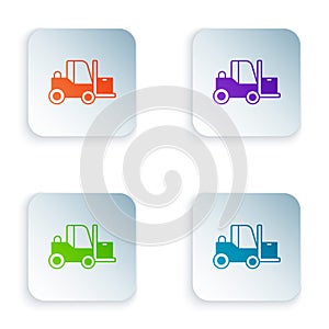 Color Forklift truck icon isolated on white background. Fork loader and cardboard box. Cargo delivery, shipping