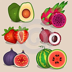 Color fresh fruits set on light background