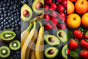 Color fruits and vegetables. Fresh food. Concept. Collage, healthy food lifestyle, Generative AI