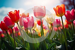 color full tulips with green leaves in the sunshine Generative AI.