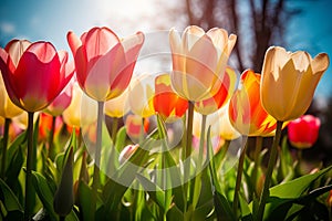 color full tulips with green leaves in the sunshine Generative AI.