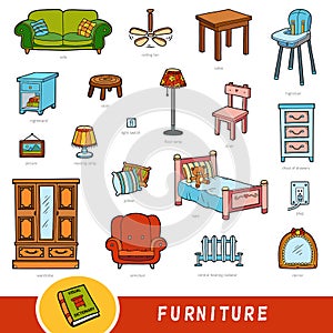 Color furniture set, collection of vector items with names in English. Cartoon visual dictionary