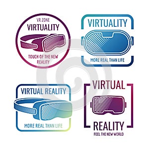 Color futuristic helmet virtual reality headset logos. Vr glasses head-mounted display vector labels