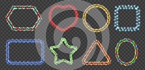 Color garland lights frames. Christmas holiday lights border, decorative framing with glowing lamps vector background