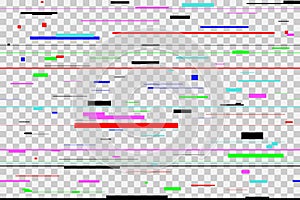 Color glitch background. Digital colorful pixel noise, isolated on transparent. Screen signal error. Vector.