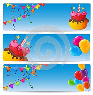 Color Glossy Happy Birthday Balloons and Cake Banner Background