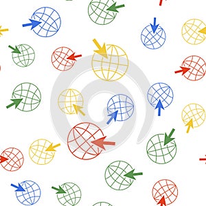 Color Go To Web icon isolated seamless pattern on white background. Globe and cursor. Website pictogram. World wide web