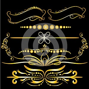 Color Gold Vintage Decorations Elements Flourishes Calligraphic Ornaments and Frames Black background