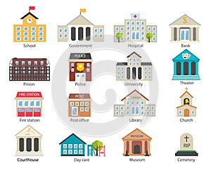 Color government buildings icons set