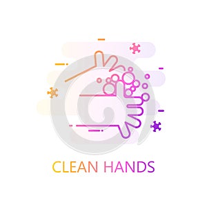 Color gradient icon with soap bubbles and virus molecules in line style. Vector card