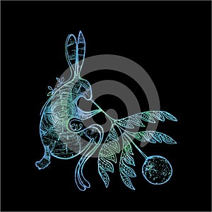 Color gradient illustration of a rabbit that blows the moon through a twig of a plant with a pattern. Tattoo idea.