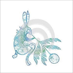 Color gradient illustration of a rabbit that blows the moon through a twig of a plant with a pattern. Tattoo idea.