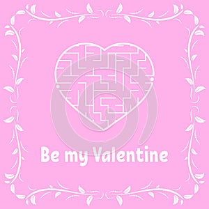 Color greeting card with heart shaped labyrinth. Happy Valentine`s Day. Game for kids and adults. Puzzle for children. Maze