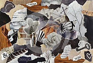Color grey, brown and black life style Atmosphere mood board collage sheet made of teared magazines paper results in art