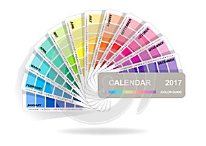 Color guide calendar 2017. Colorful charts samples isolated on white background. Rainbow paper hand fan. Vector illustration