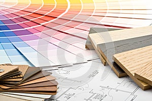 Color guide, material samples and blueprint