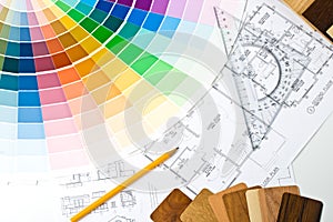 Color guide, material samples and blueprint