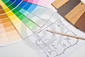 Color guide, material samples and blueprint