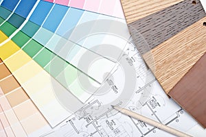 Color guide, material samples and blueprint