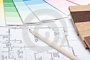 Color guide, material samples and blueprint