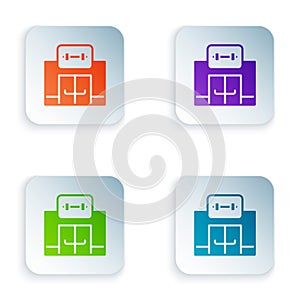 Color Gym building icon isolated on white background. Sport club. Set colorful icons in square buttons. Vector