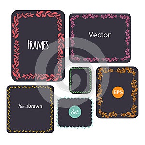 Color hand drawn frames set, Vector elements, floral, leaves